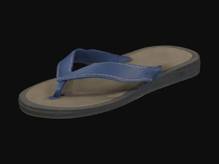 3D model for A single realistic men's flip-flop sandal, designed for the right foot, rubber sole with slight dirt and wear, thick black or dark blue strap, casual summer style, medium size, natural proportions. The sandal is lying flat on the ground, slightly deformed as if recently used. High-detail textures, suitable for a realistic outdoor 3D game environment.