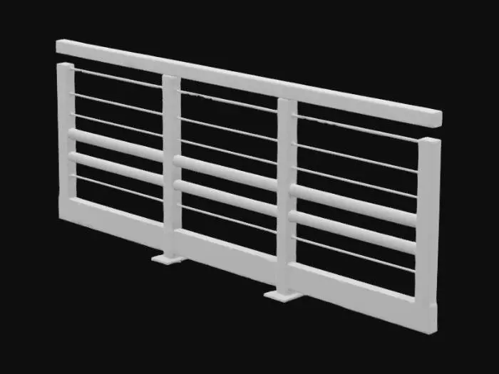 3D model for Modern wooden railing with horizontal slats, clean and minimalist design, smooth dark wood texture, metal posts or anchors at the base, suitable for a patio or outdoor deck. Realistic proportions, contemporary style, high-quality materials, designed for a realistic 3D environment.
