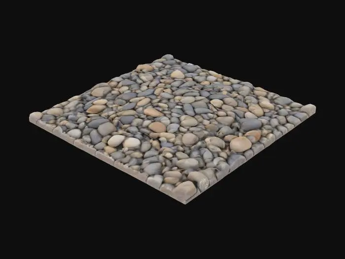 3D model for Un bloc de sol de cailloux de jardin, conçu pour être répété sans démarcation visible. Il est densément couvert de petits cailloux naturels, de formes et de tailles variées, allant du gris foncé au beige clair, en passant par des touches de blanc et de brun. La surface est texturée, légèrement rugueuse au toucher, avec les cailloux bien imbriqués pour former un ensemble stable. Il offre une base solide et un aspect naturel pour le sol d'un jardin.