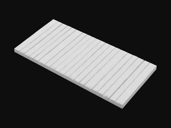 3D model for Une terrasse en bois classique, composée de lattes larges en pin traité thermiquement, d'une couleur brun clair chaude et uniforme. La surface est lisse et légèrement brossée, agréable au toucher, laissant apparaître le grain du bois de manière subtile. Les planches sont posées de manière régulière, créant un motif linéaire épuré, idéal pour une ambiance chaleureuse et accueillante.