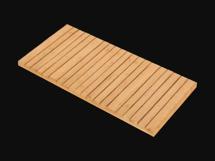 3D model for Une terrasse en bois classique, composée de lattes larges en pin traité thermiquement, d'une couleur brun clair chaude et uniforme. La surface est lisse et légèrement brossée, agréable au toucher, laissant apparaître le grain du bois de manière subtile. Les planches sont posées de manière régulière, créant un motif linéaire épuré, idéal pour une ambiance chaleureuse et accueillante.