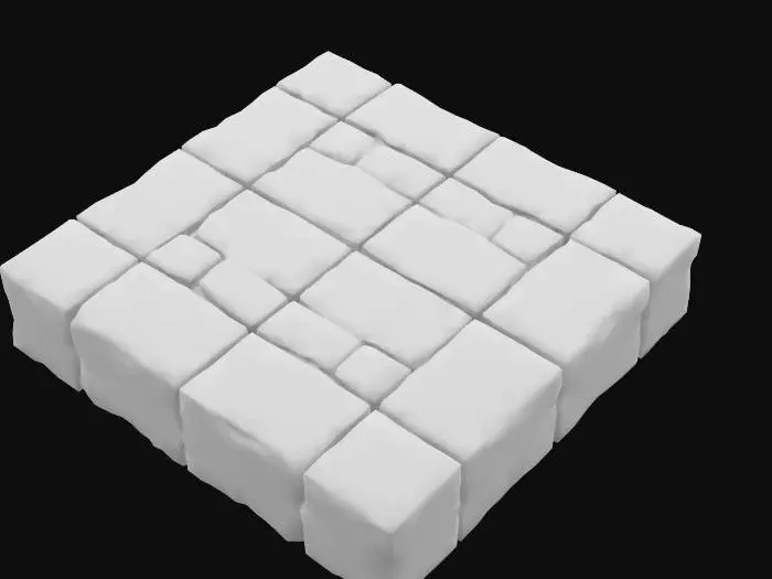 3D model for Un bloc modulaire de dalles de jardin en pierre reconstituée, conçu pour se répéter sans démarcation visible, formant un segment de sol cohérent. Il présente plusieurs dalles de forme rectangulaire et carrée, imbriquées dans un motif régulier. La surface est légèrement rugueuse et poreuse au toucher, avec des aspérités subtiles. Les couleurs varient entre des nuances de gris clair, de beige terreux et de vert mousse discret, donnant un aspect naturel et vieilli. L'ensemble est robuste et dense, capable de supporter le passage fréquent.