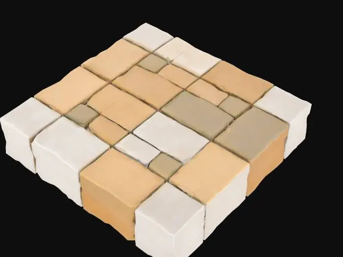 3D model for Un bloc modulaire de dalles de jardin en pierre reconstituée, conçu pour se répéter sans démarcation visible, formant un segment de sol cohérent. Il présente plusieurs dalles de forme rectangulaire et carrée, imbriquées dans un motif régulier. La surface est légèrement rugueuse et poreuse au toucher, avec des aspérités subtiles. Les couleurs varient entre des nuances de gris clair, de beige terreux et de vert mousse discret, donnant un aspect naturel et vieilli. L'ensemble est robuste et dense, capable de supporter le passage fréquent.