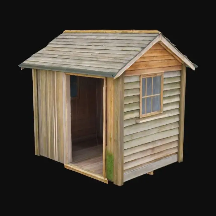 3D model for Small rustic wooden garden shed, made of weathered timber planks. The structure is simple, slightly aged, with a slanted or gabled roof, no modern elements. Surrounded by overgrown grass, weeds or a bit of moss. No interior furniture. A single open doorway (no door), maybe a small window on one side. Designed to blend into a magical, semi-wild backyard garden.