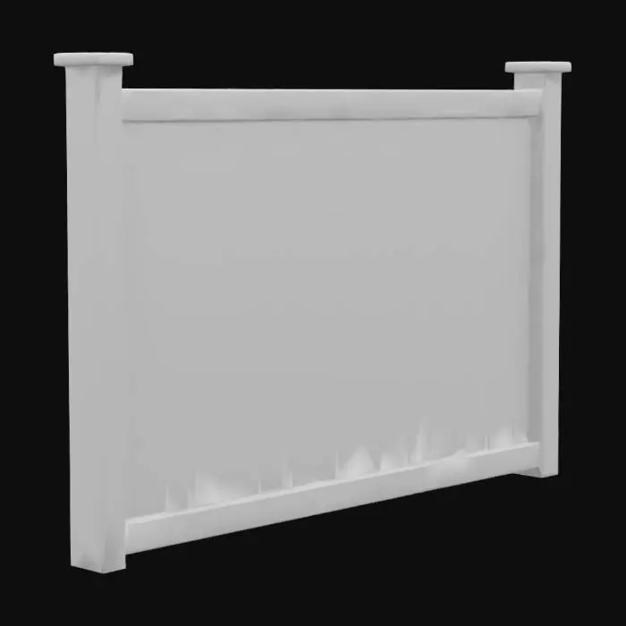 3D model for Un panneau de clôture occultante en bois, composé de lattes verticales larges et épaisses, légèrement chevauchantes pour garantir l'intimité. Le bois est un pin traité sous pression, d'une couleur brun miel uniforme avec un grain visible et une texture légèrement rugueuse au toucher. Chaque latte est solidement fixée à des traverses horizontales invisibles de l'extérieur, formant une barrière dense et opaque, robuste et stable, conçue pour résister aux intempéries.