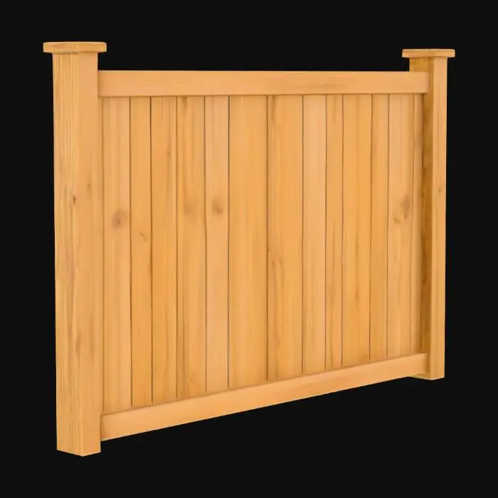 3D model for Un panneau de clôture occultante en bois, composé de lattes verticales larges et épaisses, légèrement chevauchantes pour garantir l'intimité. Le bois est un pin traité sous pression, d'une couleur brun miel uniforme avec un grain visible et une texture légèrement rugueuse au toucher. Chaque latte est solidement fixée à des traverses horizontales invisibles de l'extérieur, formant une barrière dense et opaque, robuste et stable, conçue pour résister aux intempéries.