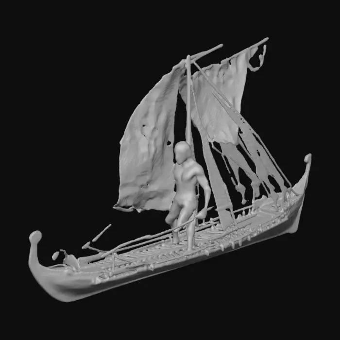 3D model for Nave greca arcaica lunga e bassa: scafo snello in legno scuro consumato dal sale, fasciame a listelli e chiodature visibili, prua e poppa rialzate e ricurve. Lungo i fianchi una fila di fori per i remi; alcuni remi sono inseriti e inclinati sull’acqua. Ponte pulito con poche cime arrotolate e 2–3 scudi rotondi appesi al bordo. Al centro un albero/palo robusto, venature marcate, cordame spesso con nodi grandi; vela ammainata e legata. Ulisse, uomo adulto atletico, tunica e mantello al vento, barba e capelli spettinati, è legato al palo: corde tese in più passaggi su torace e addome, braccia vincolate; busto in torsione e proteso, gambe in spinta. Sguardo fisso e bocca semiaperta, come se volesse liberarsi e andare.