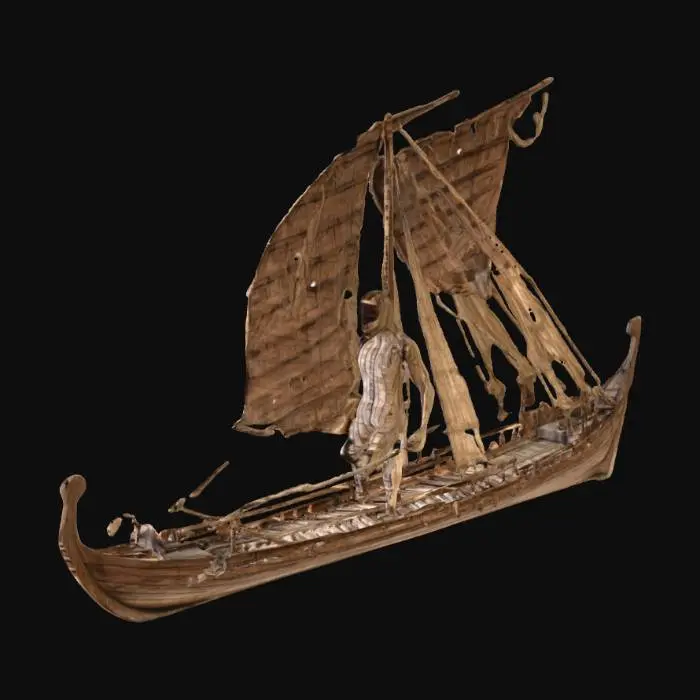 3D model for Nave greca arcaica lunga e bassa: scafo snello in legno scuro consumato dal sale, fasciame a listelli e chiodature visibili, prua e poppa rialzate e ricurve. Lungo i fianchi una fila di fori per i remi; alcuni remi sono inseriti e inclinati sull’acqua. Ponte pulito con poche cime arrotolate e 2–3 scudi rotondi appesi al bordo. Al centro un albero/palo robusto, venature marcate, cordame spesso con nodi grandi; vela ammainata e legata. Ulisse, uomo adulto atletico, tunica e mantello al vento, barba e capelli spettinati, è legato al palo: corde tese in più passaggi su torace e addome, braccia vincolate; busto in torsione e proteso, gambe in spinta. Sguardo fisso e bocca semiaperta, come se volesse liberarsi e andare.