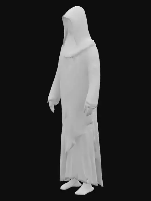 3D model for Quantum computer in the rock HUD interface hologram display screen in the rock, in front of it stands a monk priest with a hood, The object features a rectangular, ancient stone structure with a textured, weathered surface, housing a glowing digital screen amidst a desolate, rocky landscape.