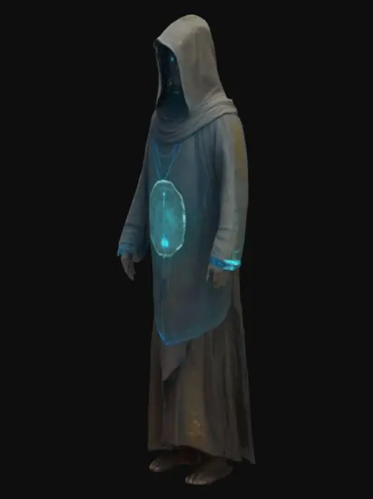 3D model for Quantum computer in the rock HUD interface hologram display screen in the rock, in front of it stands a monk priest with a hood, The object features a rectangular, ancient stone structure with a textured, weathered surface, housing a glowing digital screen amidst a desolate, rocky landscape.