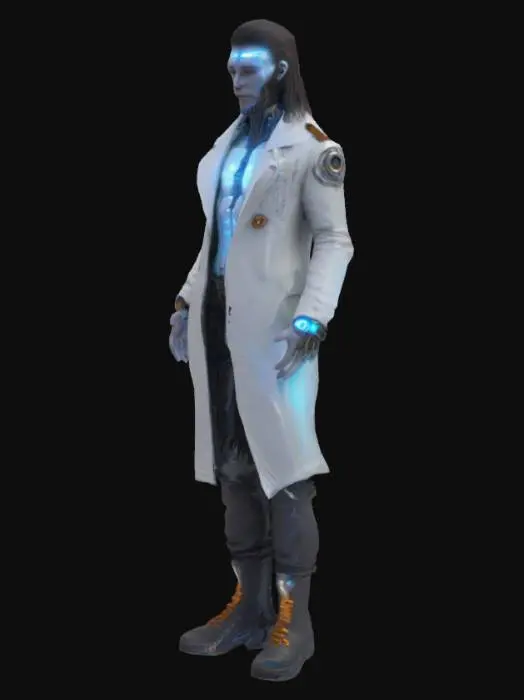 3D model for "Full-body 3D model of DURIN - 17-year-old transhumanist genius in 2245. Cyber-gothic aesthetic meets quantum tragedy.

**PHYSICAL TRAITS:**
- **Body:** Severely thin (Marfan syndrome from gene editing) with visible ribcage and elongated limbs. Height: 6'7"
- **Skin:** Translucent pearlescent layer showing **subdermal quantum circuitry** (glowing blue veins forming fractal equations)
- **Face:** 
  - Left side: Perfect porcelain skin (gene-edited)
  - Right side: **Necrotic tissue** (failed CRISPR experiment) with exposed titanium cheekbone
  - Eyes: **Heterochromia** - left: mechanical red lens (HUD interface), right: natural blue eye with petechial hemorrhages
- **Attire:** Tattered lab coat fused 

**TECHNOLOGY:**
- **Neural Jack:** Chrome spine implant protruding from neck 