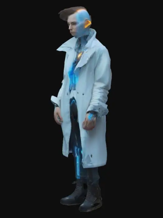 3D model for "Full-body 3D model of DURIN - 17-year-old transhumanist genius in 2245. Cyber-gothic aesthetic meets quantum tragedy.

**PHYSICAL TRAITS:**
- **Body:** Severely thin (Marfan syndrome from gene editing) with visible ribcage and elongated limbs. Height: 6'7"
- **Skin:** Translucent pearlescent layer showing **subdermal quantum circuitry** (glowing blue veins forming fractal equations)
- **Face:** 
  - Left side: Perfect porcelain skin (gene-edited)
  - Right side: **Necrotic tissue** (failed CRISPR experiment) with exposed titanium cheekbone
  - Eyes: **Heterochromia** - left: mechanical red lens (HUD interface), right: natural blue eye with petechial hemorrhages
- **Attire:** Tattered lab coat fused 

**TECHNOLOGY:**
- **Neural Jack:** Chrome spine implant protruding from neck 