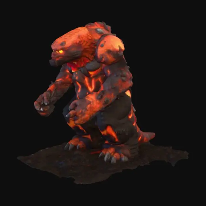 3D model for A huge lava monster. Should be very bulky. Should be made out of magma rock. Very tall, very bulcky. Add glowing circular eyes.
