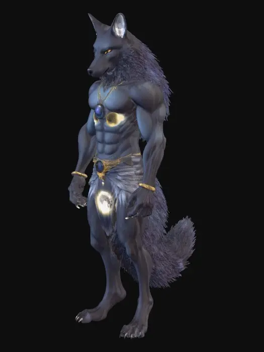 3D model for Un loup noir anthropomorphe qui utilise la magie de la lune