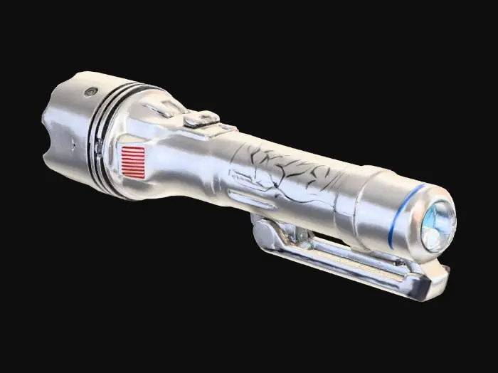 3D model for looking to create assets for a VR game in realistic style. This game theme is a space station exifil/looter and need collectable items that would typically be used to trade or sell for value, but stylized for space travel. 

Next model is a futuristic flashlight.
