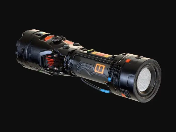 3D model for Looking to create assets for a VR game in realistic style. This game theme is a space station exifil/looter and need modular wall panels with displays, wiring, knobs, buttons etc. 
The modular wall panel should allow seamless placement with other panels.

Next model is a futuristic flashlight.