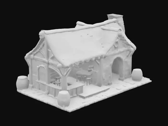 3D model for The object is a stylized medieval tavern with a thatched roof, wooden beams, stone chimney, textured barrels, and rustic wooden interior elements, featuring warm lighting and detailed furnishings., 