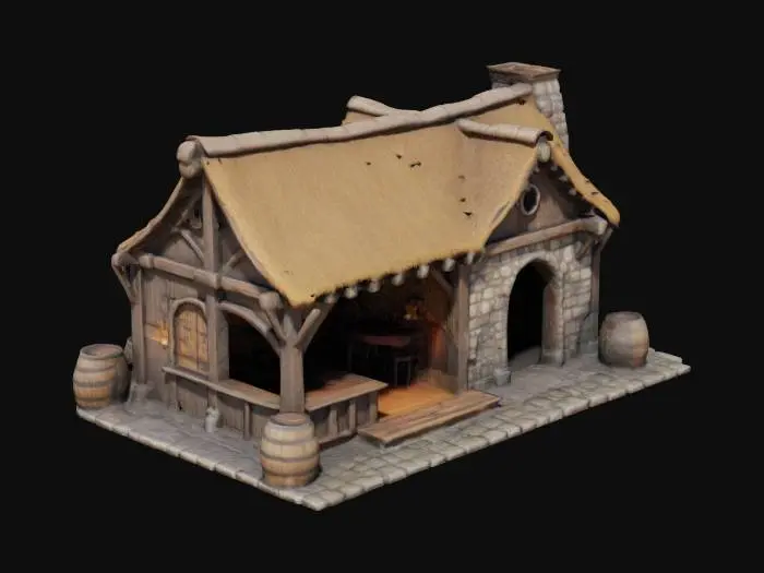 3D model for The object is a stylized medieval tavern with a thatched roof, wooden beams, stone chimney, textured barrels, and rustic wooden interior elements, featuring warm lighting and detailed furnishings., 