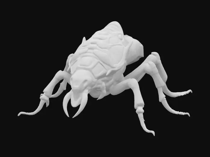 3D model for The object is a menacing, insect-like creature with a glossy, segmented exoskeleton, sharp appendages, and a detailed, textured carapace, showcasing an alien or futuristic design., 