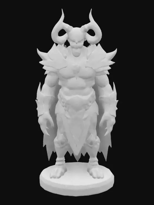 3D model for The object is a muscular, horned humanoid creature with glowing eyes, ornate armor, and a textured, rugged surface, standing on base