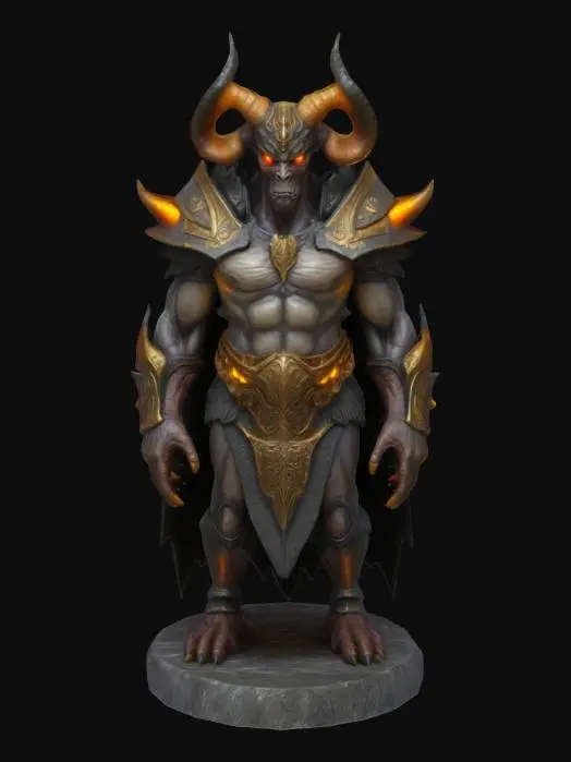 3D model for The object is a muscular, horned humanoid creature with glowing eyes, ornate armor, and a textured, rugged surface, standing on base