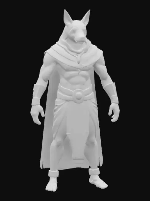 3D model for The object depicts a humanoid figure with a canine head, muscular build, symmetrical posture, smooth texture, and is adorned with Egyptian-style attire and accessories.