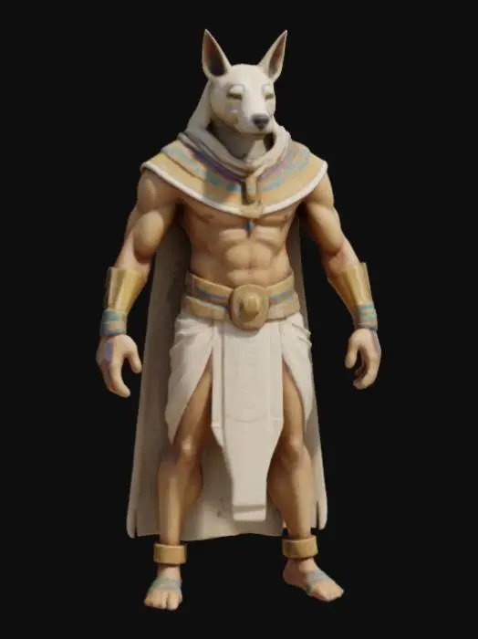 3D model for The object depicts a humanoid figure with a canine head, muscular build, symmetrical posture, smooth texture, and is adorned with Egyptian-style attire and accessories.