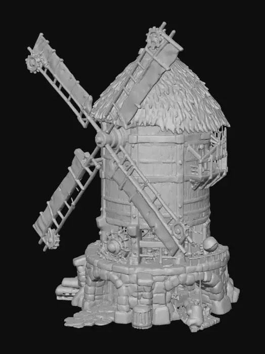 3D model for flour grinder windmill, factorio style, white cloth wind blade