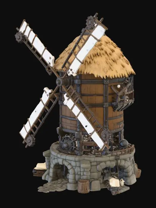 3D model for flour grinder windmill, factorio style, white cloth wind blade