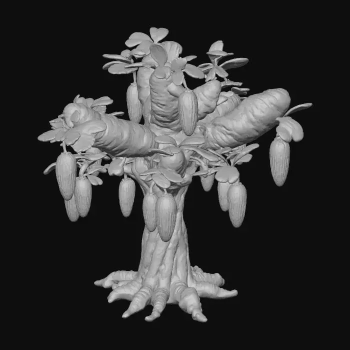 3D model for an imaginary tree, have main stem branch and branch out like fungal, has corn as fruits, have only around 10 fruits, red tint