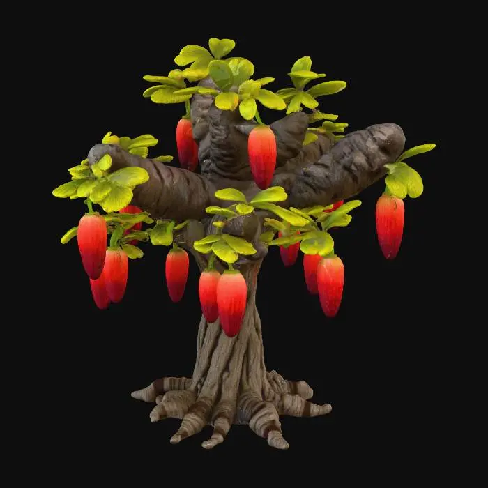 3D model for an imaginary tree, have main stem branch and branch out like fungal, has corn as fruits, have only around 10 fruits, red tint