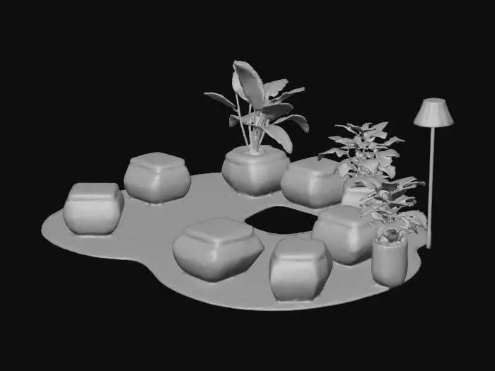 3D model for office working gathering place asymmetric irregular gemoetric stomp not regular chair，with simple mat, pixar 3D rending, simple set up not many things