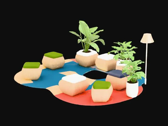 3D model for office working gathering place asymmetric irregular gemoetric stomp not regular chair，with simple mat, pixar 3D rending, simple set up not many things