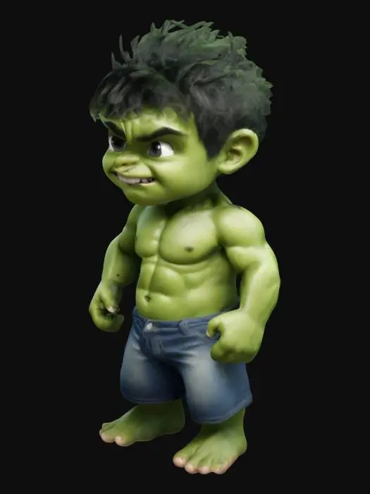 3D model for create a cute little boy cartoonist hulk, very cute face, bulky body