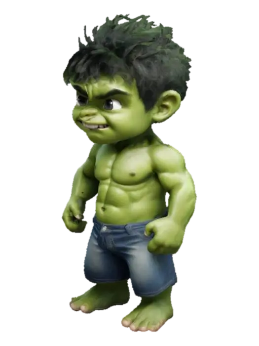 create a cute little boy cartoonist hulk, very cute face, bulky body 3D model, vytvořený pomocí AI