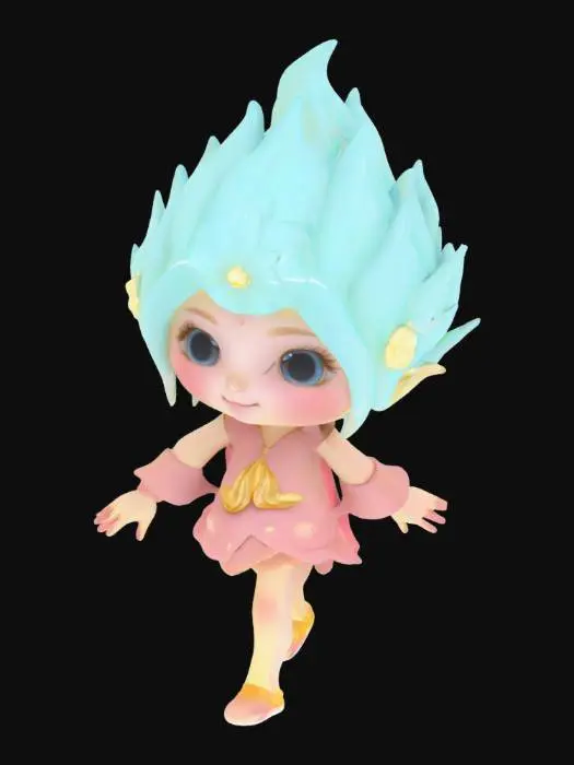 3D model for 核心设计：

头部：

半透明浅青色水滴形头部，内部悬浮一朵发光小莲花（花蕊为金色"何"字变体），脸颊带晕染腮红。

表情：眨巴的星星眼 + 上翘的短线嘴（自带微笑效果）。

身体：

藕节状短手短腿（关节处有粉色环形纹路），身穿花瓣形露肩小马甲（马甲渐变青白色）。

脚踩一对反重力旋转莲蓬鞋（鞋底持续洒落发光莲子粒子）。

