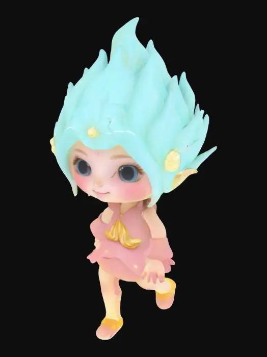 3D model for 核心设计：

头部：

半透明浅青色水滴形头部，内部悬浮一朵发光小莲花（花蕊为金色"何"字变体），脸颊带晕染腮红。

表情：眨巴的星星眼 + 上翘的短线嘴（自带微笑效果）。

身体：

藕节状短手短腿（关节处有粉色环形纹路），身穿花瓣形露肩小马甲（马甲渐变青白色）。

脚踩一对反重力旋转莲蓬鞋（鞋底持续洒落发光莲子粒子）。

