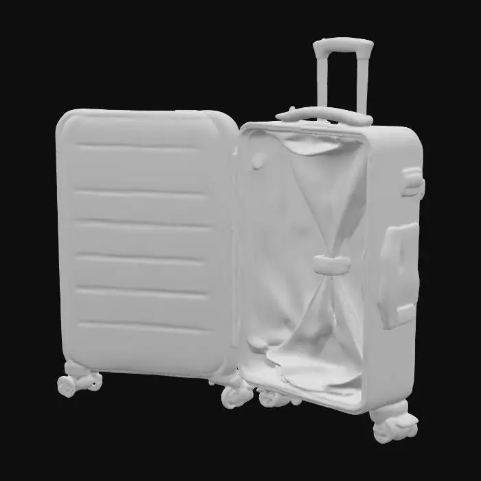 3D model for A modern luxury hard-shell carry-on suitcase, matte black, 55 x 35 x 23 cm, minimalistic design. Show the suitcase OPEN in 3D perspective. The interior is split into two halves:
- the deep body side (bottom) is clearly deeper, completely empty.
- the shallow lid side (top) is much thinner, flat and empty.
Rounded corners, clean lines, premium business style, Rimowa x Tumi inspiration. Give me both halves attached to each other, but the suitcase needs to be open