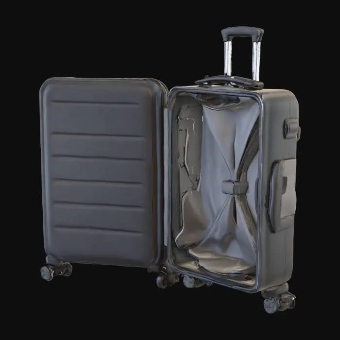 3D model for A modern luxury hard-shell carry-on suitcase, matte black, 55 x 35 x 23 cm, minimalistic design. Show the suitcase OPEN in 3D perspective. The interior is split into two halves:
- the deep body side (bottom) is clearly deeper, completely empty.
- the shallow lid side (top) is much thinner, flat and empty.
Rounded corners, clean lines, premium business style, Rimowa x Tumi inspiration. Give me both halves attached to each other, but the suitcase needs to be open