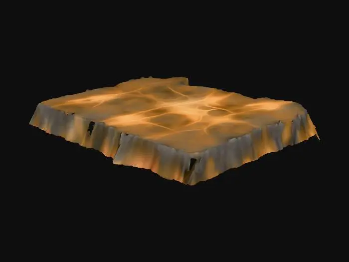 3D model for Stylized 3D volcano terrain chunk with semi-realistic textures. Includes lava flows, basalt rock, scorched ground, and smoke vents. Designed as an active volcanic biome with molten surfaces and glowing cracks. Provide four consistent multi-view renders (front, back, left, right) for 3D reconstruction. DEEP WITHIN THIS Volcano terrain LAYS A PLACE CALLED Brimscar Ridge – Jagged rock platform with a fractured crimson stone I NEED TO CREATE THE BACK GROUND OF THIS SHRINE AS TERRAIN. DONT  NEED THE SHRINE THERE I WILL PLACE THE SHRINE WE CREATED THERE JUST NEED THE TERRAIN
