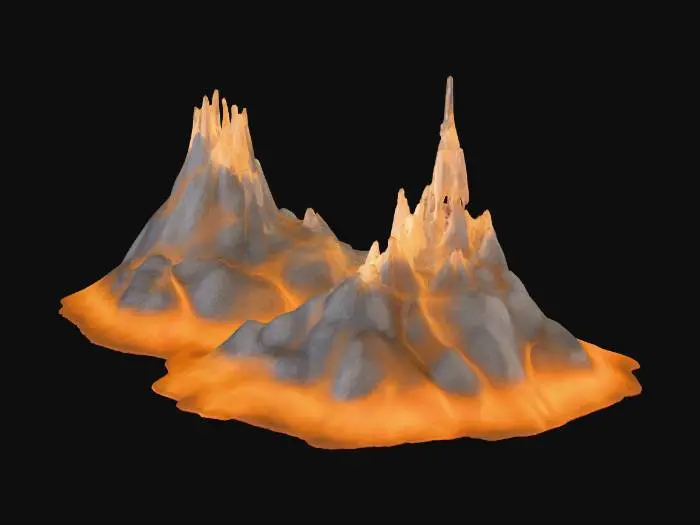 3D model for Stylized 3D volcano terrain chunk with semi-realistic textures. Includes lava flows, basalt rock, scorched ground, and smoke vents. Designed as an active volcanic biome with molten surfaces and glowing cracks. Provide four consistent multi-view renders (front, back, left, right) for 3D reconstruction. DEEP WITHIN THIS Volcano terrain LAYS A PLACE CALLED Brimscar Ridge – Jagged rock platform with a fractured crimson stone I NEED TO CREATE THE BACK GROUND OF THIS SHRINE AS TERRAIN. DONT  NEED THE SHRINE THERE I WILL PLACE THE SHRINE WE CREATED THERE JUST NEED THE TERRAIN
