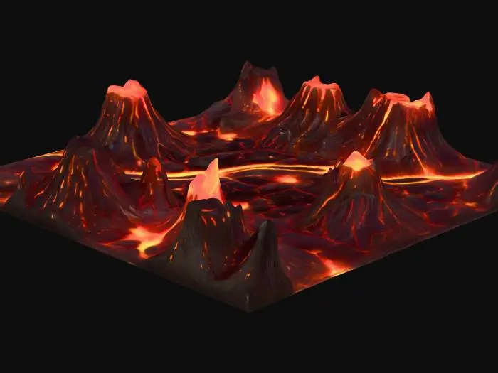 3D model for Stylized 3D volcano terrain chunk with semi-realistic textures. Includes lava flows, basalt rock, scorched ground, and smoke vents. Designed as an active volcanic biome with molten surfaces and glowing cracks. Provide four consistent multi-view renders (front, back, left, right) for 3D reconstruction. DEEP WITHIN THIS Volcano terrain LAYS A PLACE CALLED Brimscar Ridge – Jagged rock platform with a fractured crimson stone I NEED TO CREATE THE BACK GROUND OF THIS SHRINE AS TERRAIN. DONT  NEED THE SHRINE THERE I WILL PLACE THE SHRINE WE CREATED THERE JUST NEED THE TERRAIN
