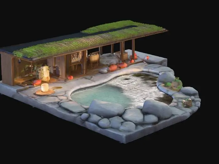 3D model for Japanese hot spring on a rocky mountainside — natural stone pool with clear steaming water, smooth round boulders, cedar wood deck and fence, bamboo plants, small paper lanterns glowing softly, mist rising in cool air. Stylized yet semi-realistic PBR detail, soft edges for game environment, balanced composition with room for a player character to stand near the pool.