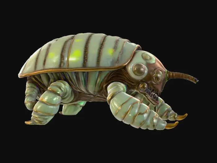 3D model for Ultra-detailed alien bio-tank with grooved chitin armor plates, symmetrical ribbed shell fused with sulfur-resistant metal veins, dome turret dripping neutralizing gel, glowing sensory nodules, long bone-like cannon with acid-proof enamel, segmented keratin treads excreting neutralizer slime, harsh acid-rain world backdrop, cinematic lighting, realistic PBR materials, deep weathering and corrosion.