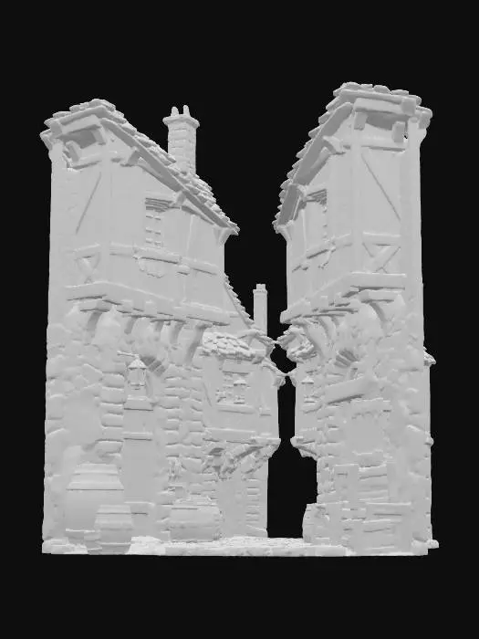 3D model for A narrow medieval alleyway designed as a modular street section. The ground is paved with worn cobblestones, cracked but flat for movement. Tall stone-and-wood houses rise on either side, with wooden balconies overhead and faint laundry lines strung across the top, leaving the path below clear. Barrels, crates, and wooden buckets are tucked against the walls, positioned neatly to avoid blocking navigation. A lantern hangs on an iron bracket, casting a soft orange glow. The alley opens slightly at one end, designed to connect seamlessly with the town square (T2) and castle base (T1). Colors: gray stone, weathered brown wood, muted cloth tones, warm lantern light. Ultra-high detail: cobblestone cracks, moss between stones, wood grain, cloth texture, faint smoke from chimneys above.