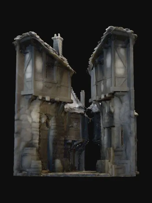 3D model for A narrow medieval alleyway designed as a modular street section. The ground is paved with worn cobblestones, cracked but flat for movement. Tall stone-and-wood houses rise on either side, with wooden balconies overhead and faint laundry lines strung across the top, leaving the path below clear. Barrels, crates, and wooden buckets are tucked against the walls, positioned neatly to avoid blocking navigation. A lantern hangs on an iron bracket, casting a soft orange glow. The alley opens slightly at one end, designed to connect seamlessly with the town square (T2) and castle base (T1). Colors: gray stone, weathered brown wood, muted cloth tones, warm lantern light. Ultra-high detail: cobblestone cracks, moss between stones, wood grain, cloth texture, faint smoke from chimneys above.