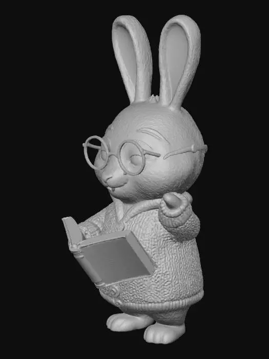 3D model for Stylized 3D bunny teacher. Soft gray bunny in rainbow cardigan and glasses, holding a book. Gentle, wise, and nurturing expression. Cartoon, colorful, family-friendly style. Provide a single consistent render (front view only).