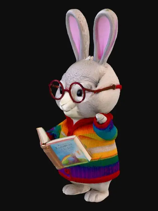 3D model for Stylized 3D bunny teacher. Soft gray bunny in rainbow cardigan and glasses, holding a book. Gentle, wise, and nurturing expression. Cartoon, colorful, family-friendly style. Provide a single consistent render (front view only).