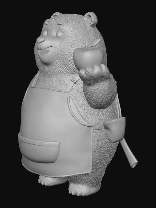 3D model for hopkeeper Honey (Bear Merchant):
"Stylized 3D bear character. Chubby golden bear in rainbow apron, standing behind a fruit stand basket. Warm smile, friendly shopkeeper look. Cartoon, colorful, family-friendly style. Provide a single consistent render (front view only).