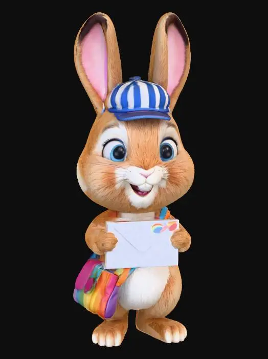 3D model for Mail Bunny (Postman):
"Stylized 3D bunny postman character. Brown bunny with rainbow messenger bag, little cap, holding a letter with a rainbow stamp. Cheerful smile. Cartoon, colorful, family-friendly style. Provide a single consistent render (front view only)."